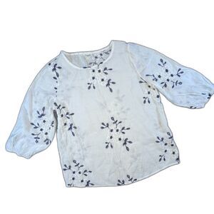 Kindred Anthropologie White Navy Floral Embroidered Boho Peasant Blouse sz PL